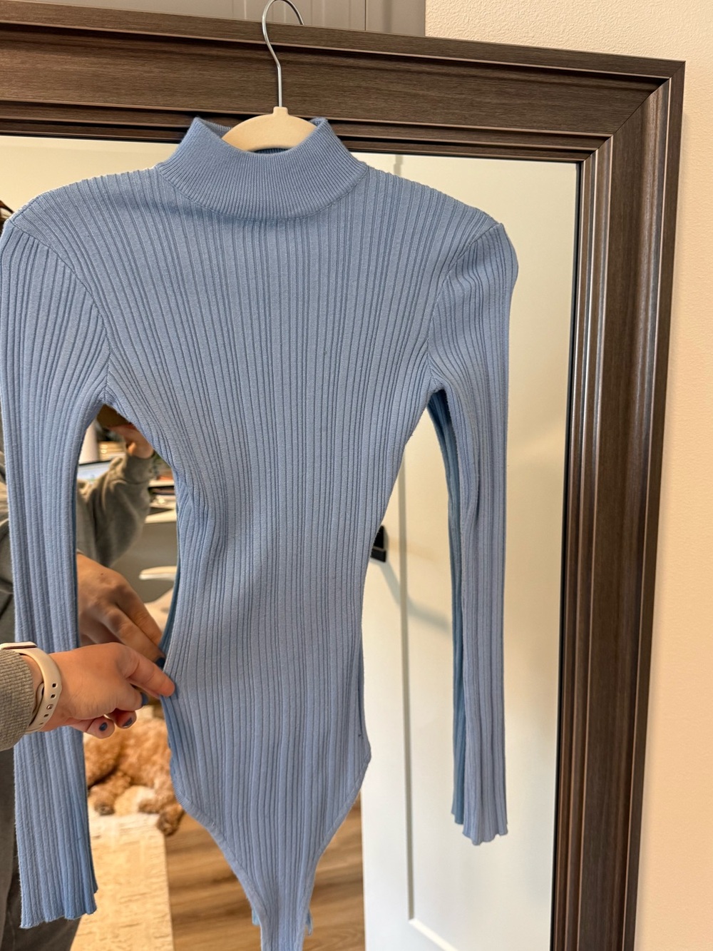 Missguided Light Blue Ribbed High Neck Long Sleeve Bodysuit